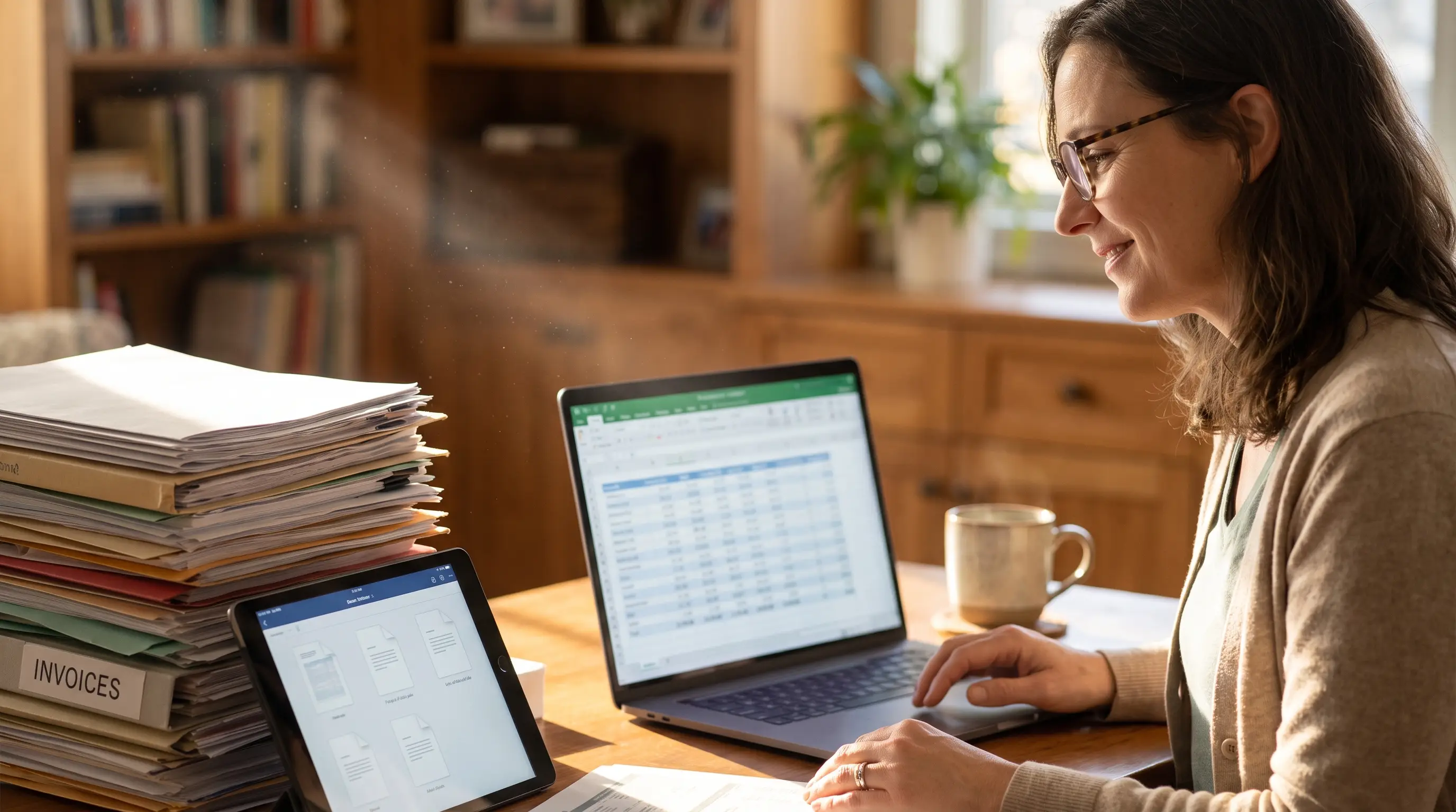 Bookkeeper with a stack of invoices and extracted data on a laptop