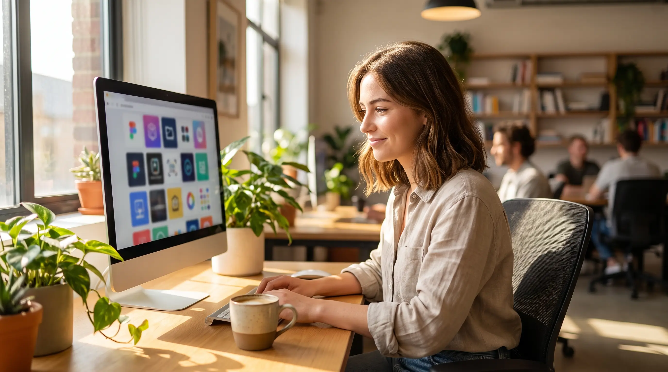 Marketing coordinator reviewing a grid of social posts on a monitor